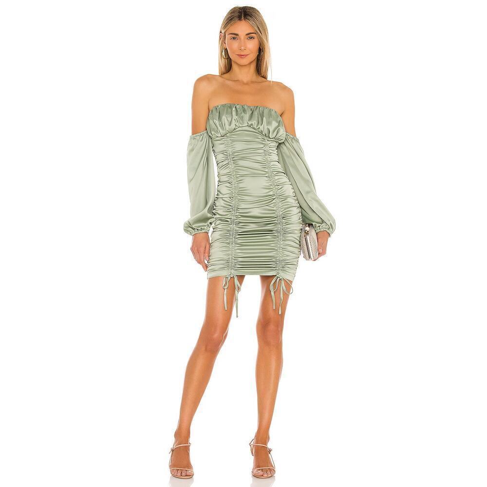 MAJORELLE Farren Ruched Mini Dress Sage Green Satin Size Medium Revolve Party
